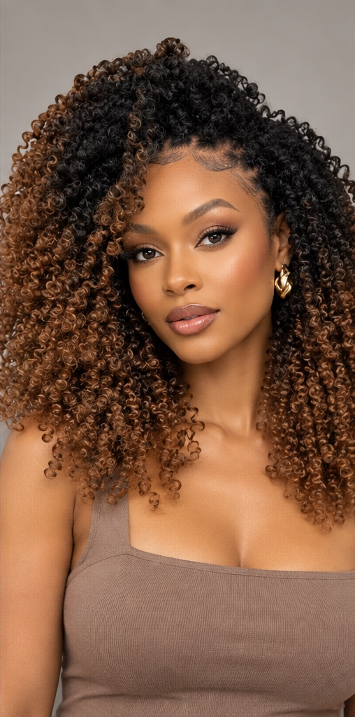 A close-up portrait of a woman with voluminous, tightly curled hair transitioning from dark brown at the roots to warm caramel and honey brown in the lengths. She is wearing a taupe-brown ribbed tank top and gold hoop earrings, set against a solid neutral gray studio background.